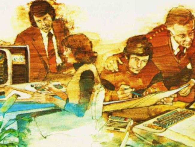 atari image of teachers and students gathered around computers